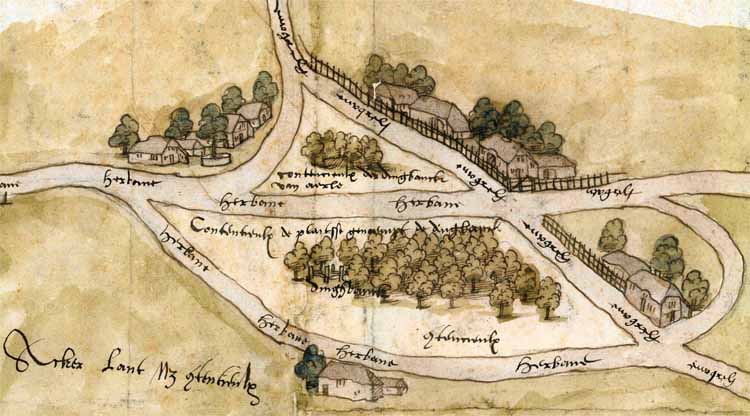 Plein met de dingbank (schepenbank) van Aarle (Aarle-Rixtel) met daar omheen allerlei typen boerderijen. Detail van de Kaart van de heerlijkheid Rixtel, 1552. foto uit ‘De dynamische hoeve’.